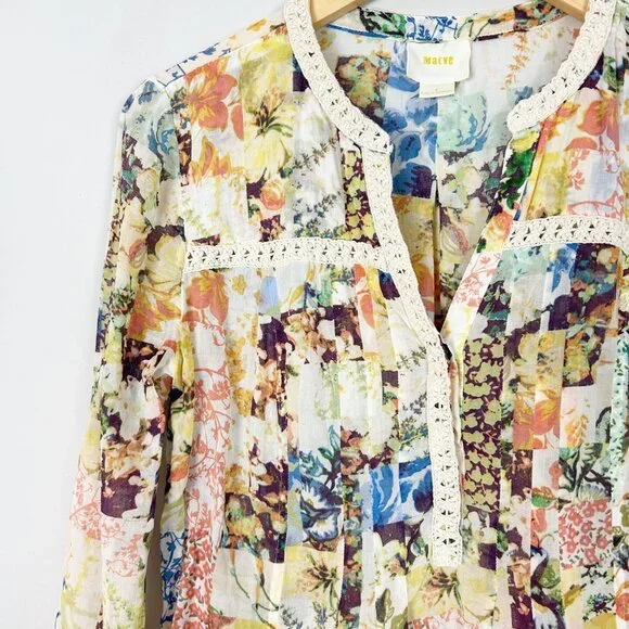 Anthropologie Maeve Floral Pullover Top Crochet Trim Boho Size 6 Women's - Picture 2 of 4